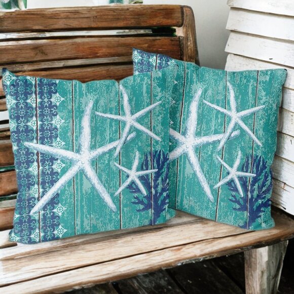 Beach Pillow Covers 2 Soft Cases Set Cottage Decor Coastal Nautical Decoration - Picture 2 of 7